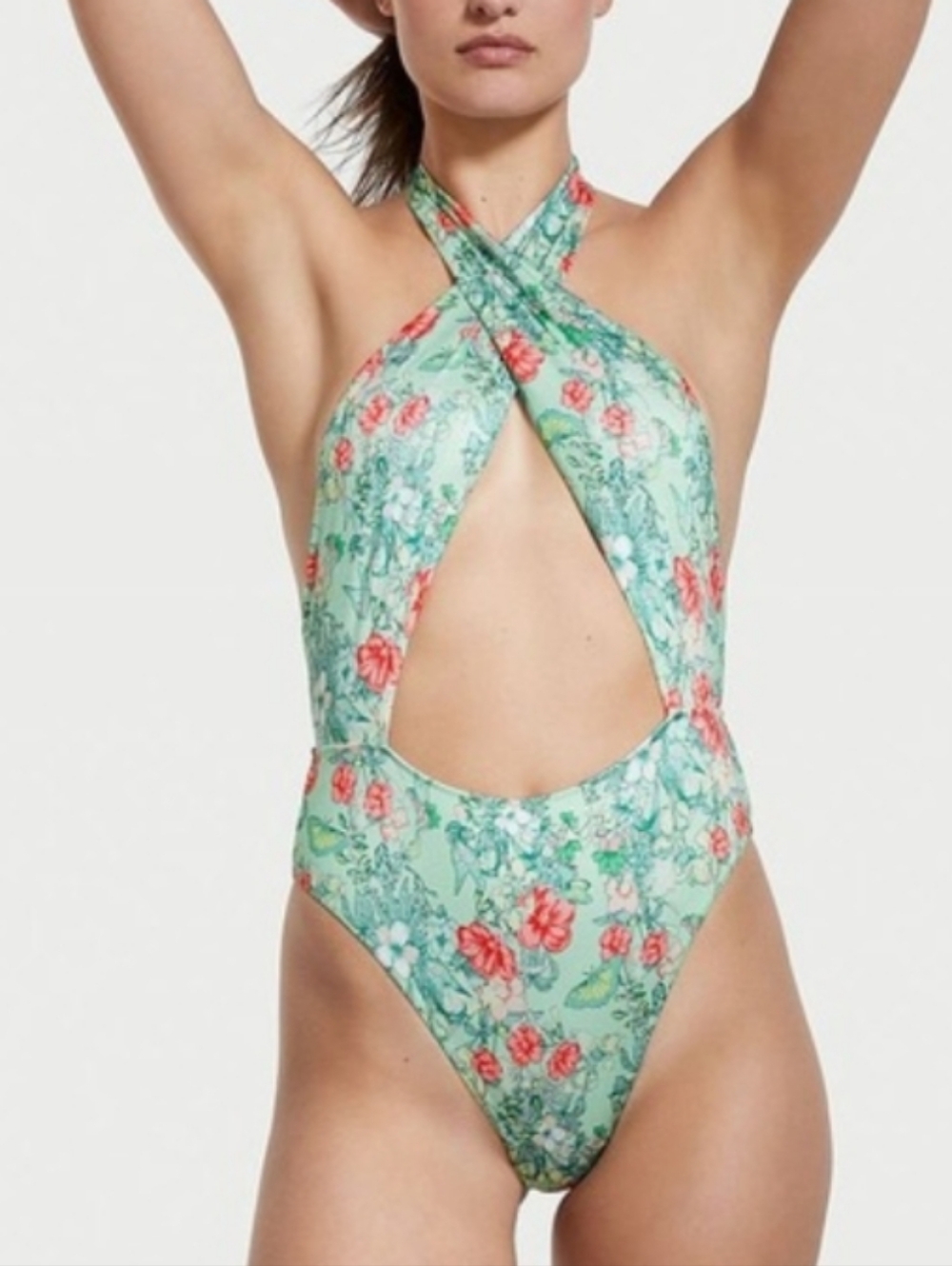 Victoria's Secret Floral Wrap Halter One-Piece Swimsuit Mint Green